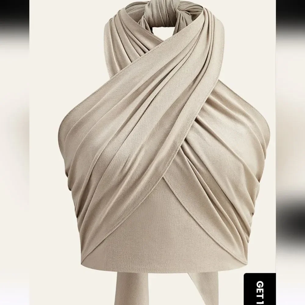 Commense Cotton And Linen Crisscross Halter Tank Top In Khaki Size Xs - Picture 7 of 11